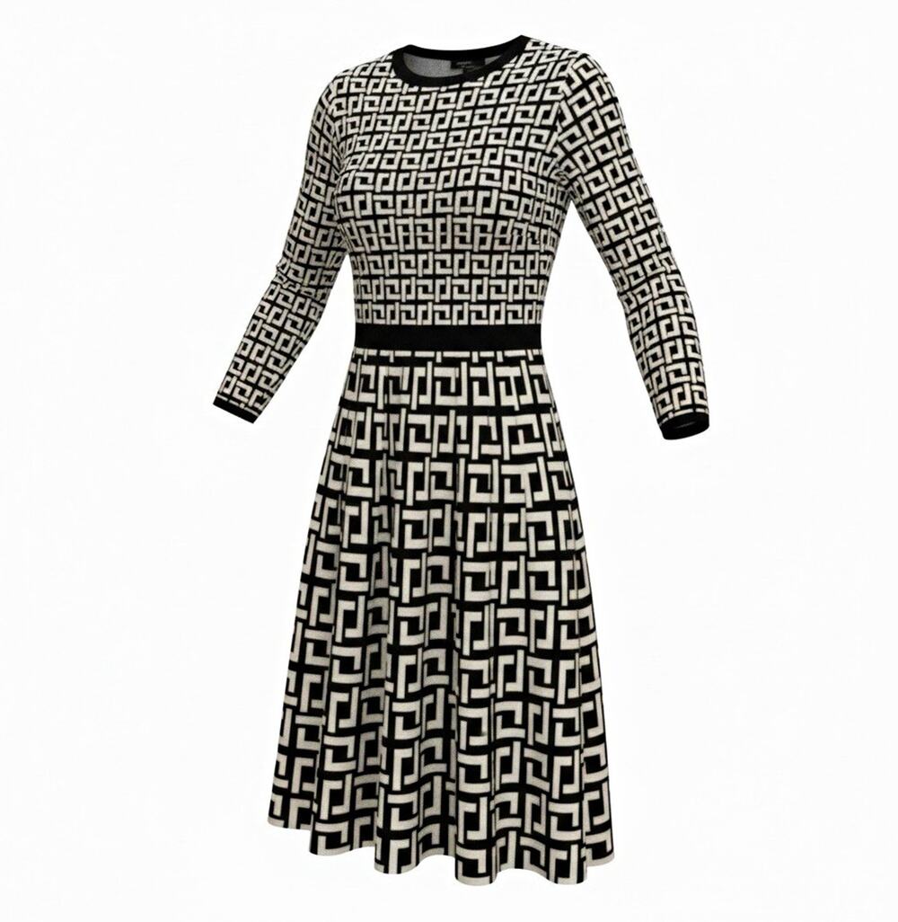 New York & Co. Women’s Black & White Long Sleeve Round Neck A-Line Dress Small